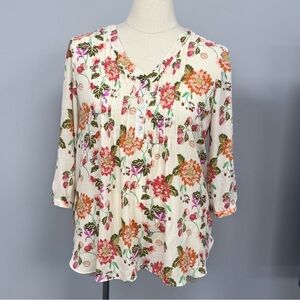 Rose Olive Top Plus 1X Cream Floral Pintuck Chiffon Button Popover 3/4 Sleeve